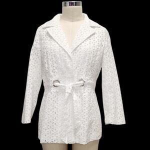 Zoe D White Floral Eyelet Lace Belted Blazer Romantic Bridal Cottagecore M EUC